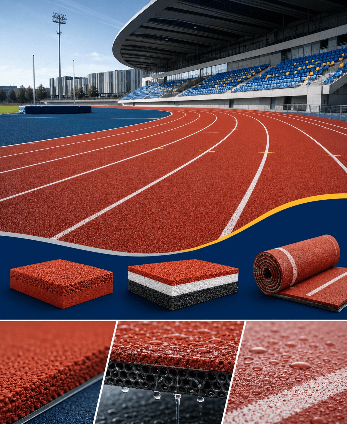 Red PU running track lanes with white markings