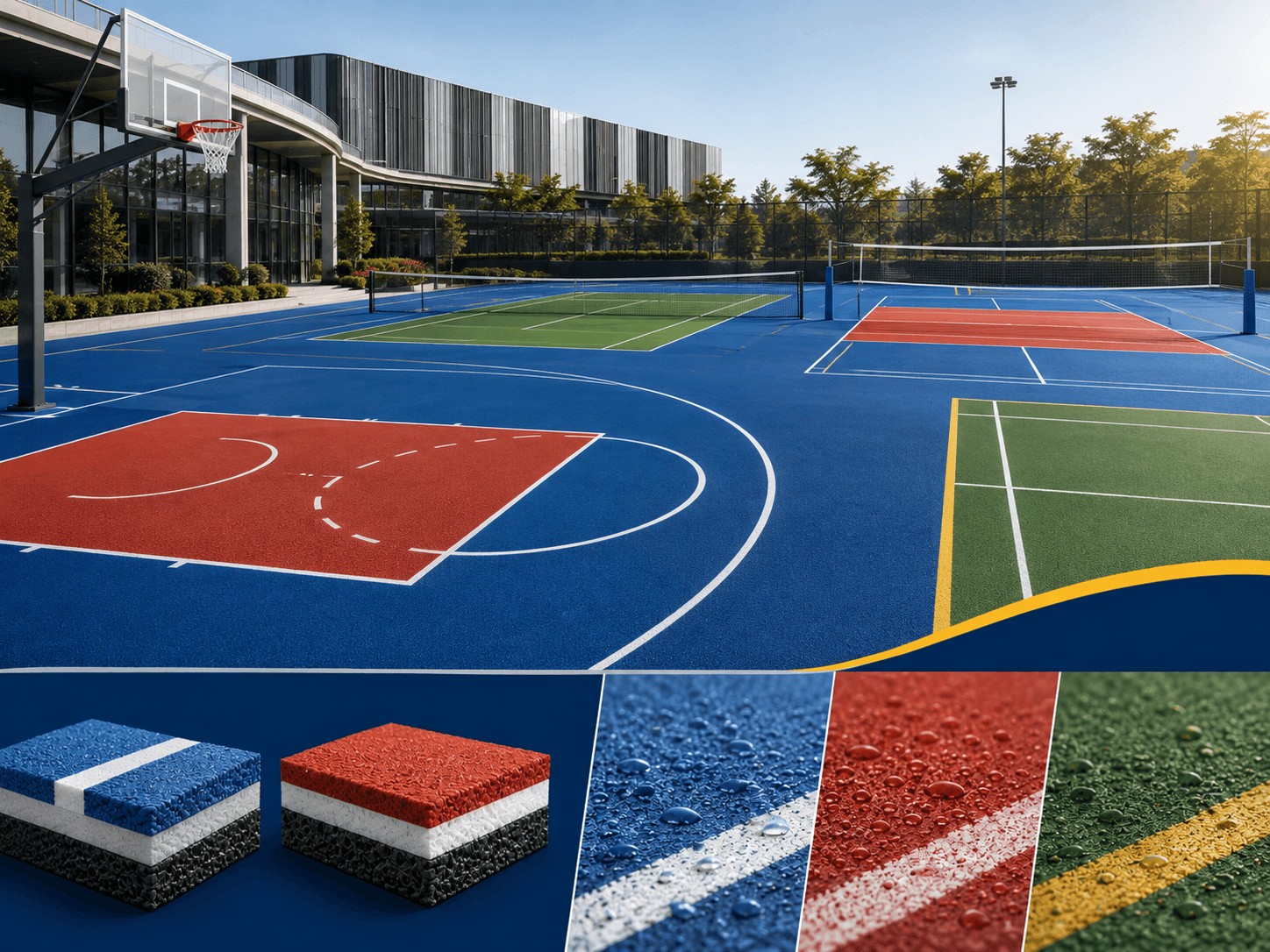 Outdoor multi-purpose sports court with blue and green PU surface