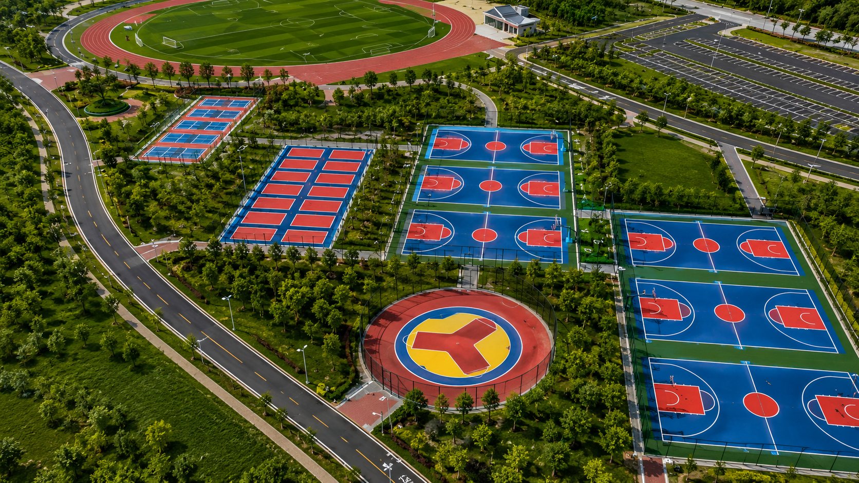Aerial view of a completed XJ Sports Group sports complex with running track, football field, tennis and basketball courts